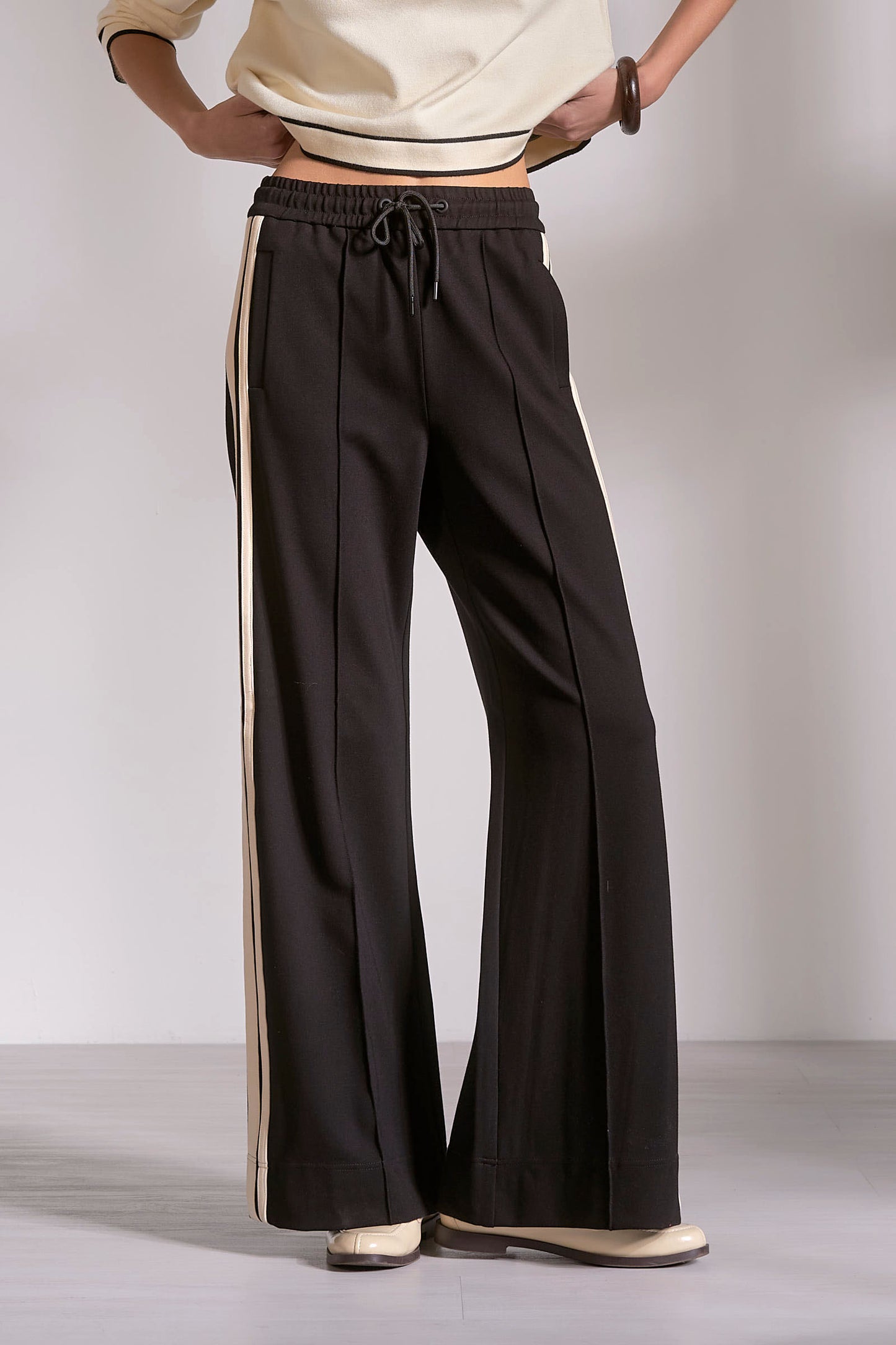 Black Track Pant With Cream Stripe