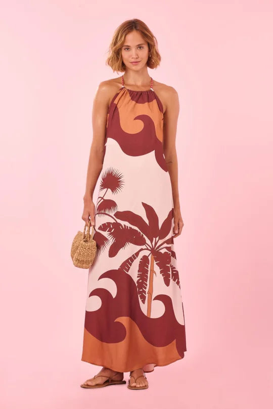 Palm Print Maxi Halter Dress