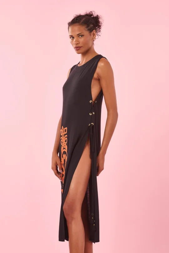 Black Dress with Orange Embroidery