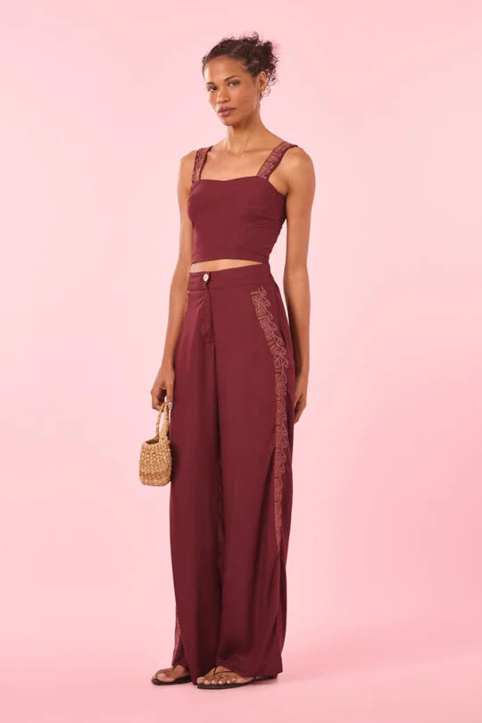 Burgundy Embroidered Linen Top