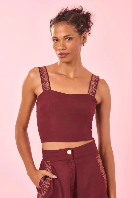 Burgundy Embroidered Linen Top