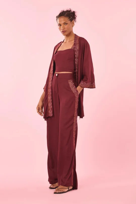 Burgundy Embroidered Linen Kimono