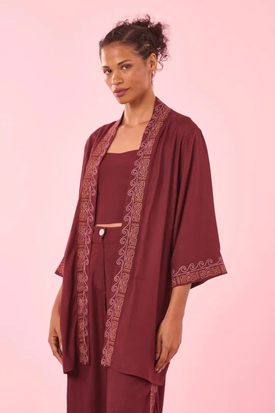 Burgundy Embroidered Linen Kimono