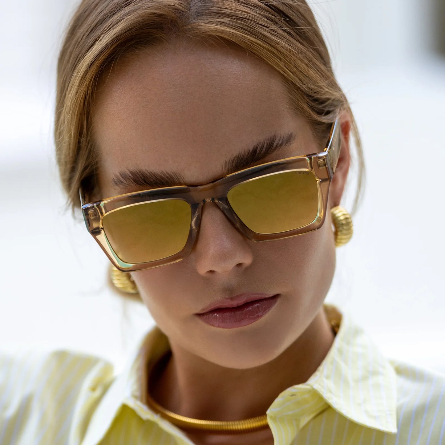 Tan Rectangle Sunglasses with Mirror Lens