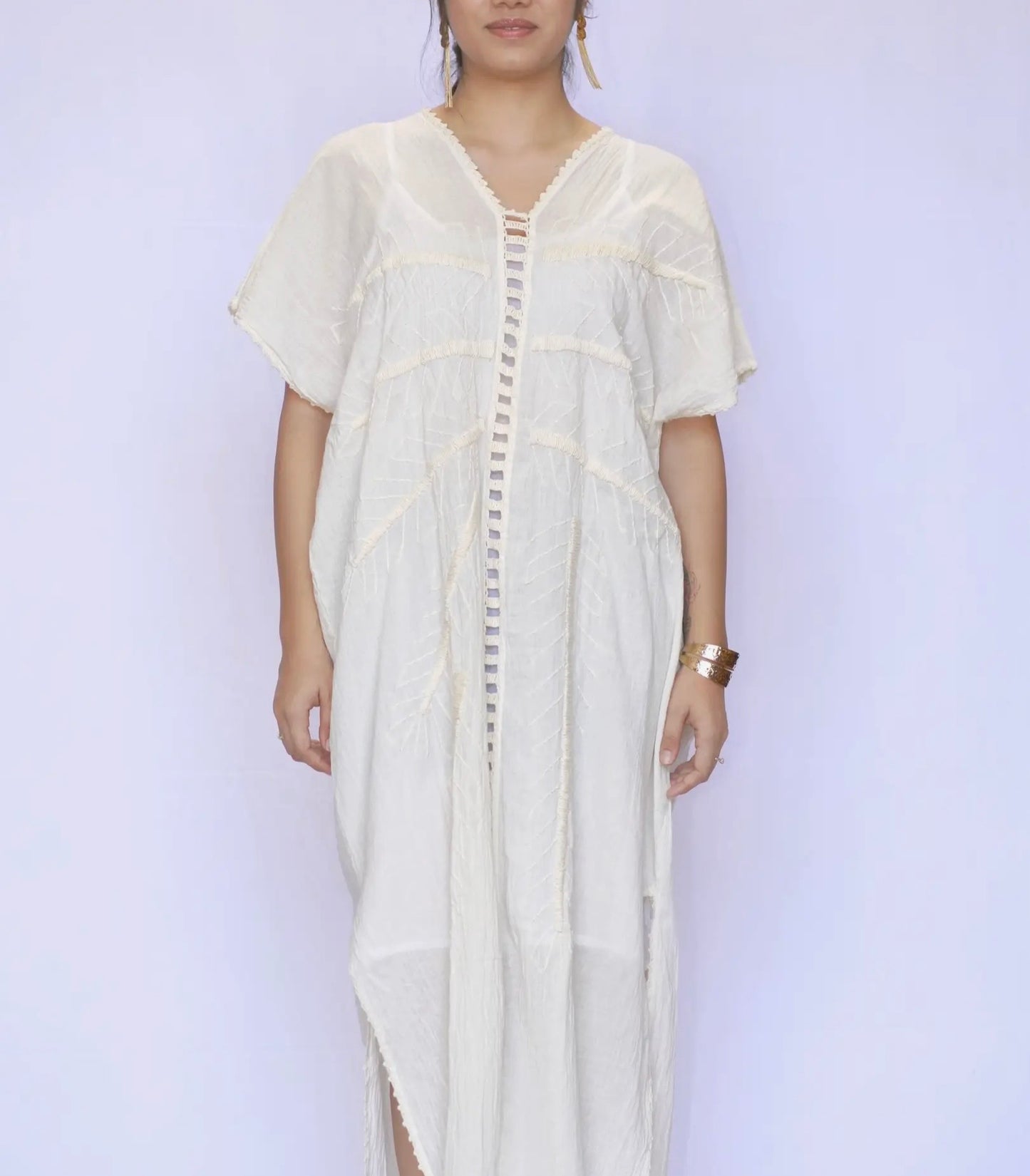 Ivory Cut Out Cotton Kaftan Dress