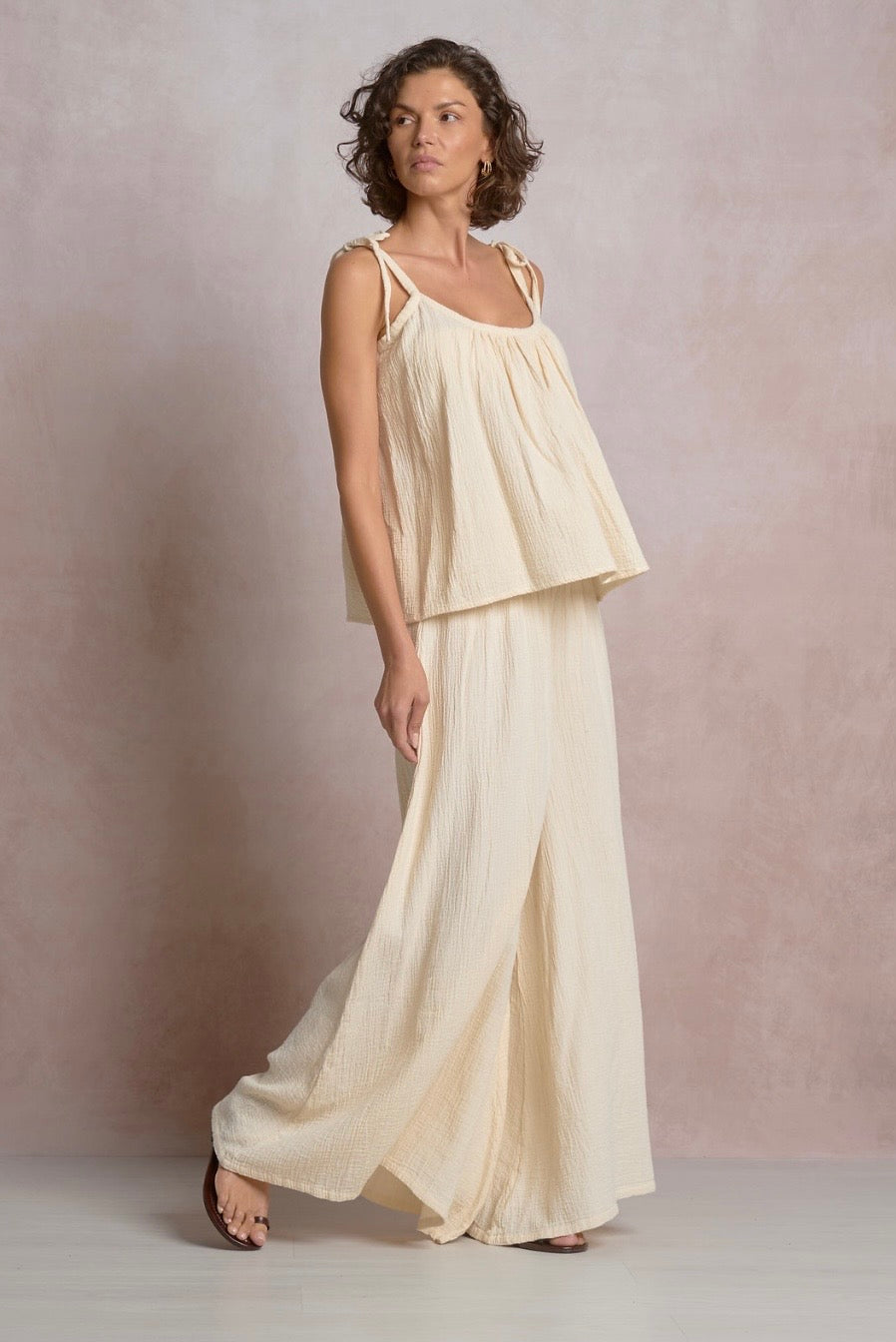 Cream Wide Leg Gauze Pants