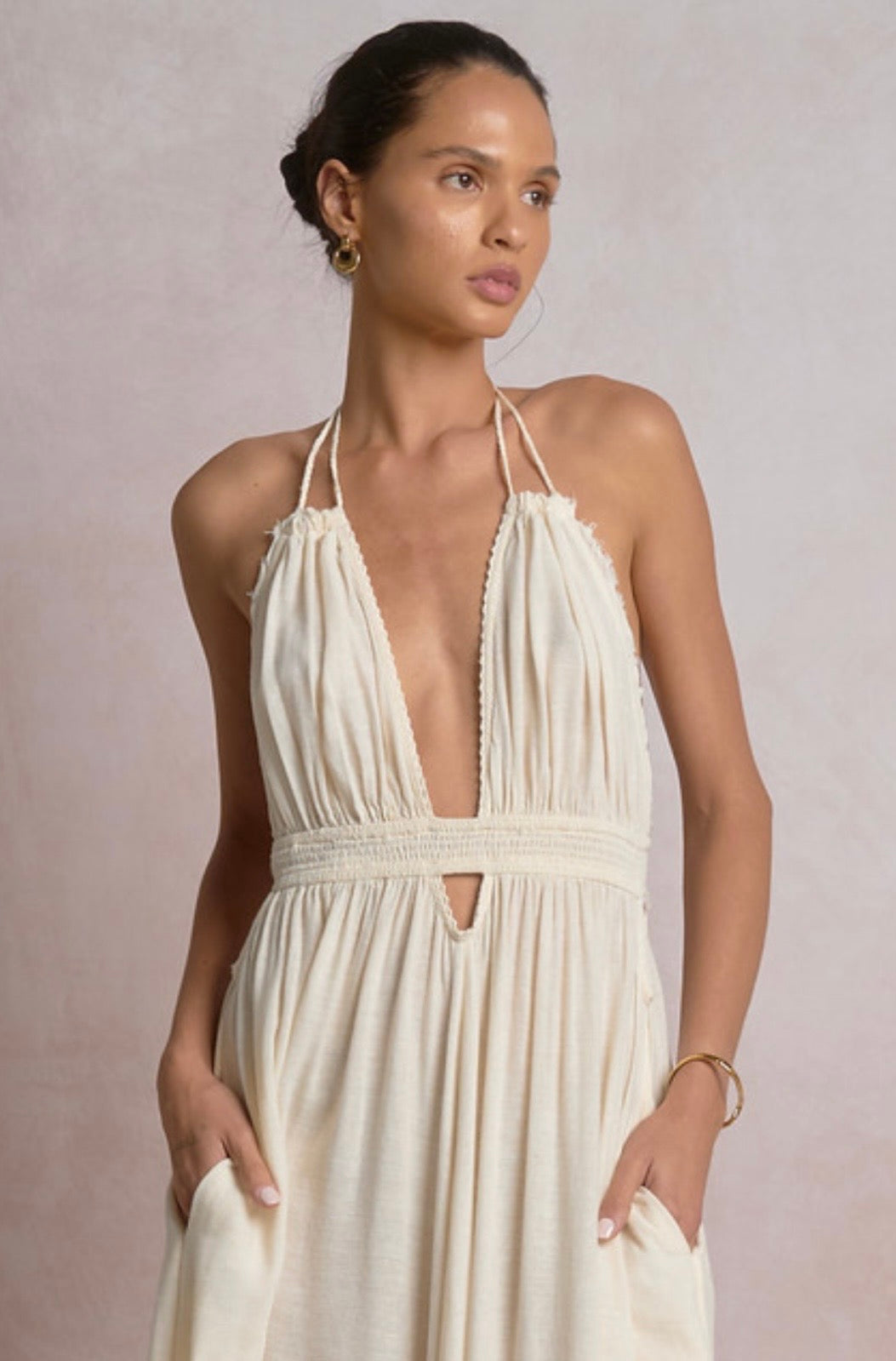 Off White Gauze Halter Maxi Dress