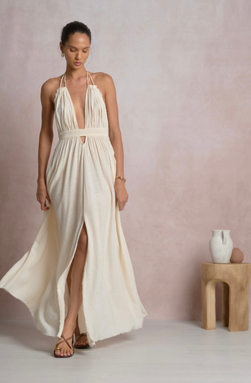 Off White Gauze Halter Maxi Dress