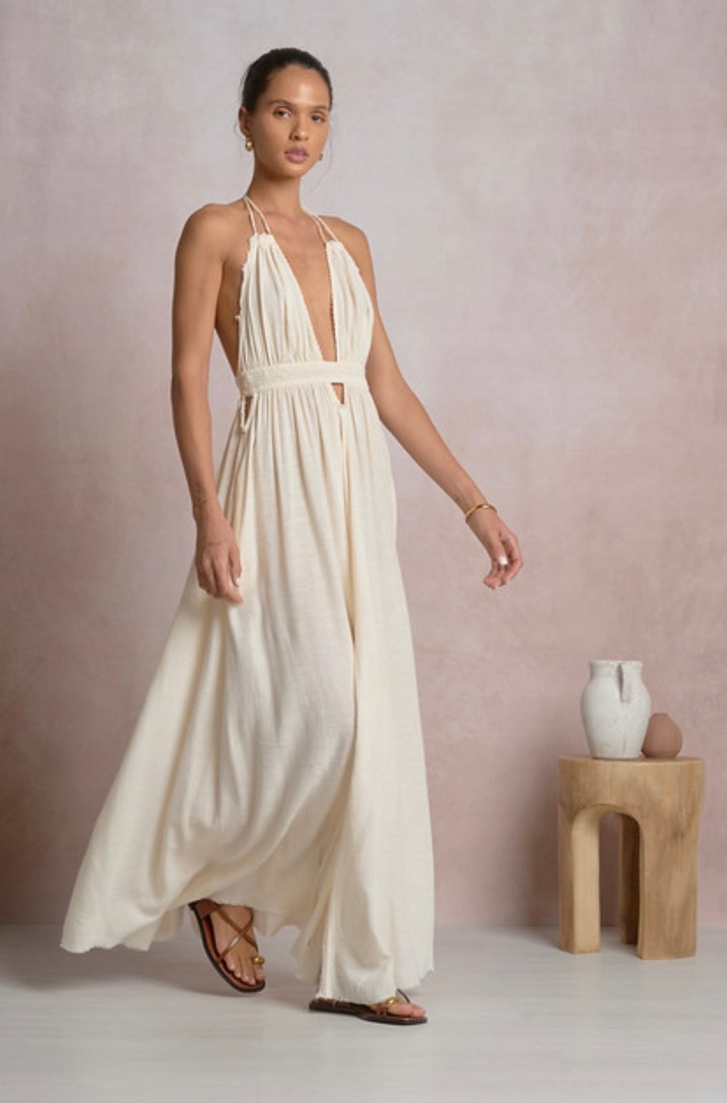 Off White Gauze Halter Maxi Dress
