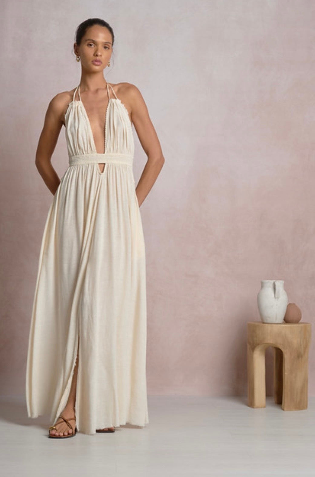 Off White Gauze Halter Maxi Dress