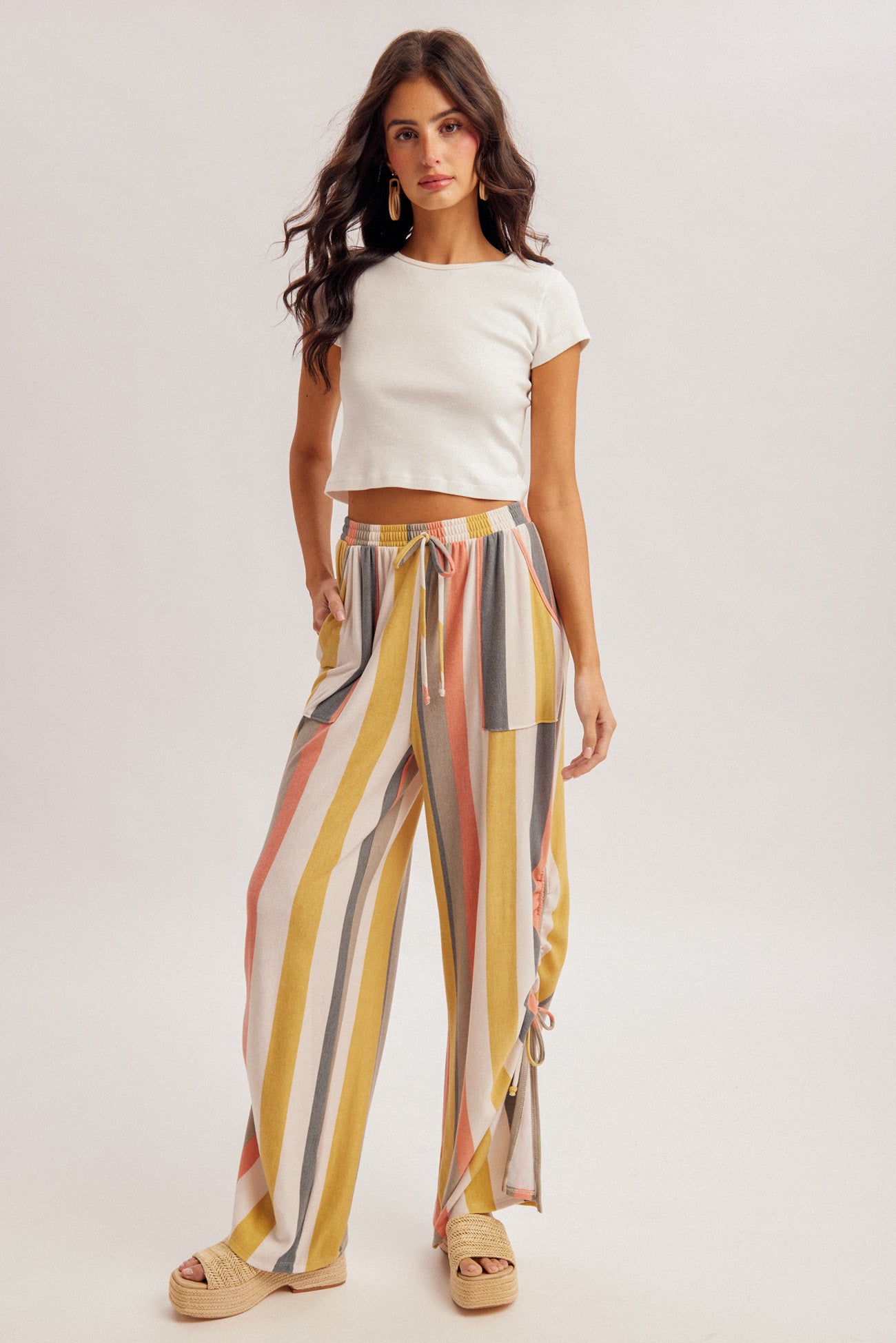 Coral & Olive Stripe Rouched Pants