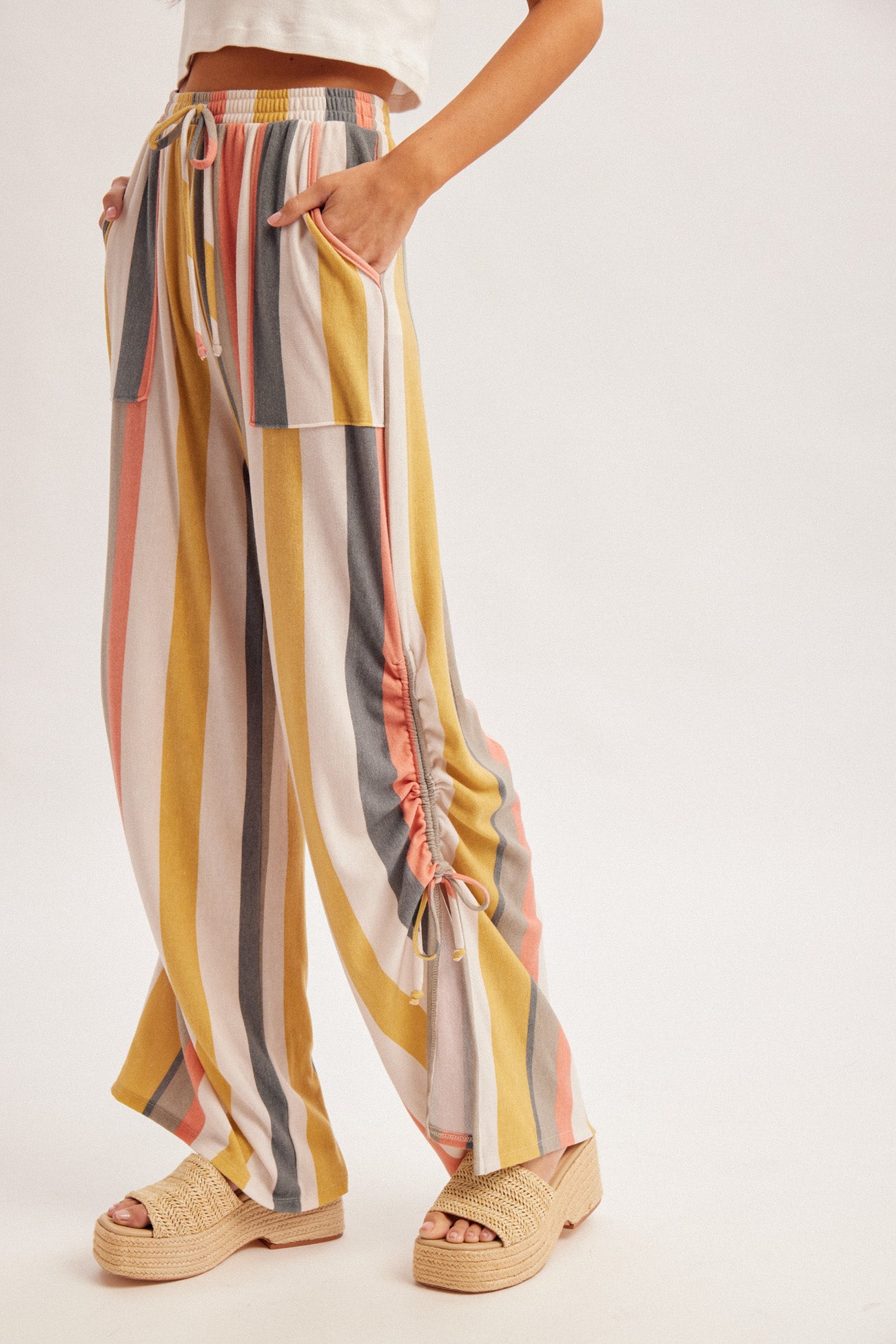 Coral & Olive Stripe Rouched Pants