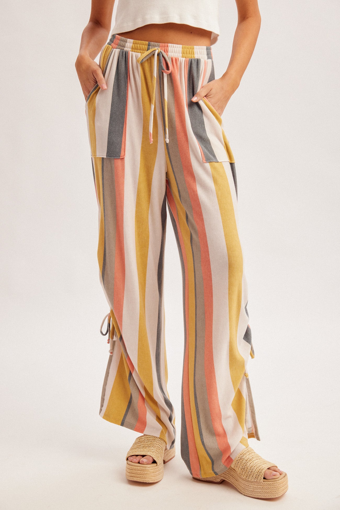 Coral & Olive Stripe Rouched Pants
