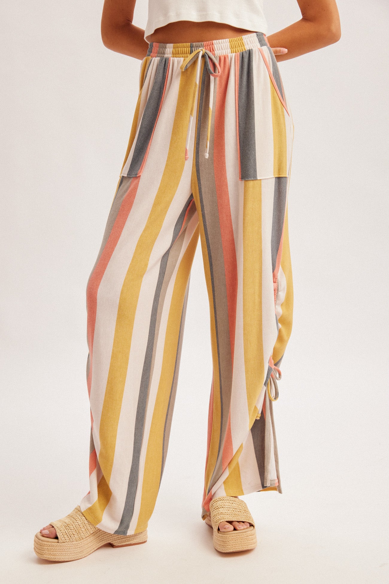 Coral & Olive Stripe Rouched Pants