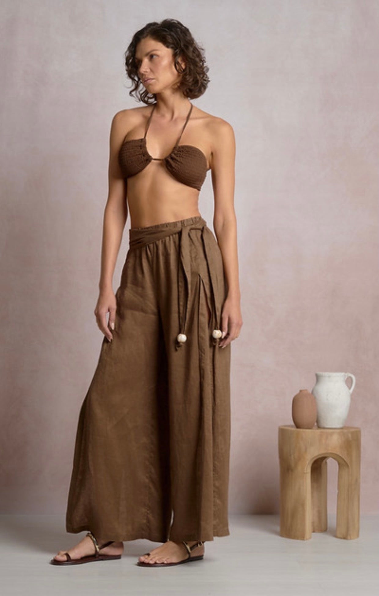 Brown Linen Pant with Beaded Belt