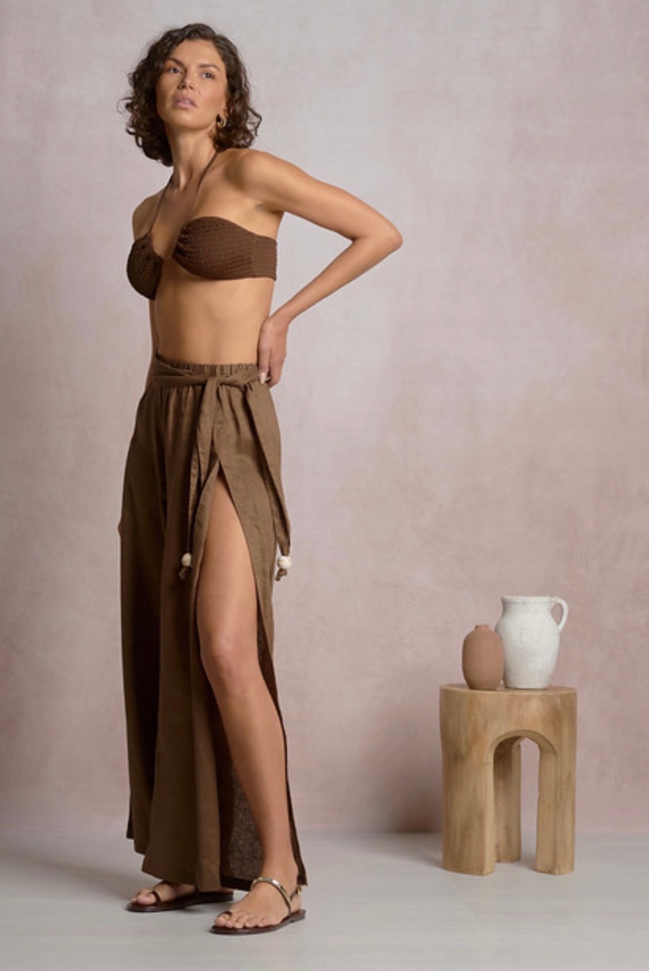 Brown Linen Pant with Beaded Belt