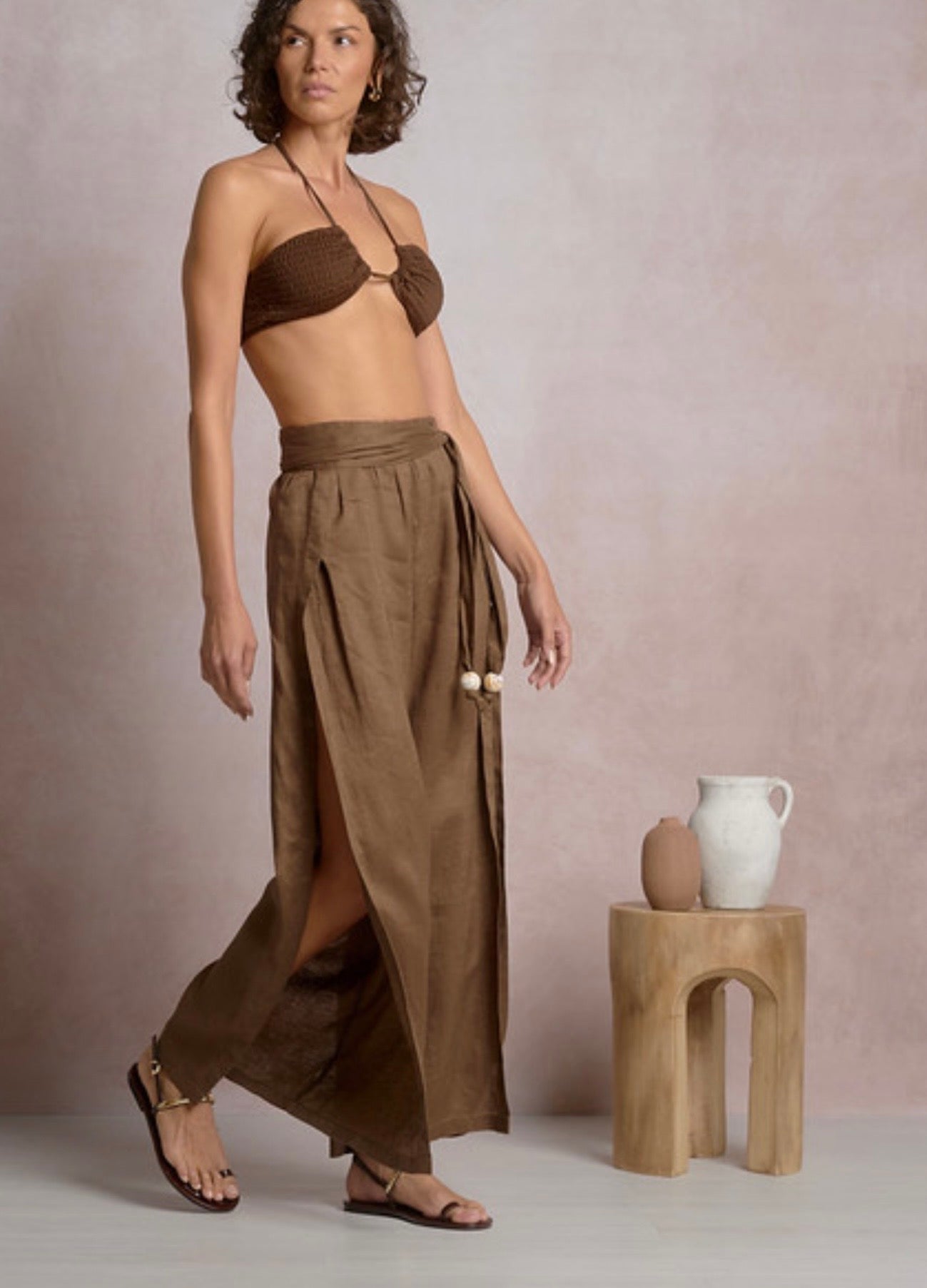 Brown Linen Pant with Beaded Belt