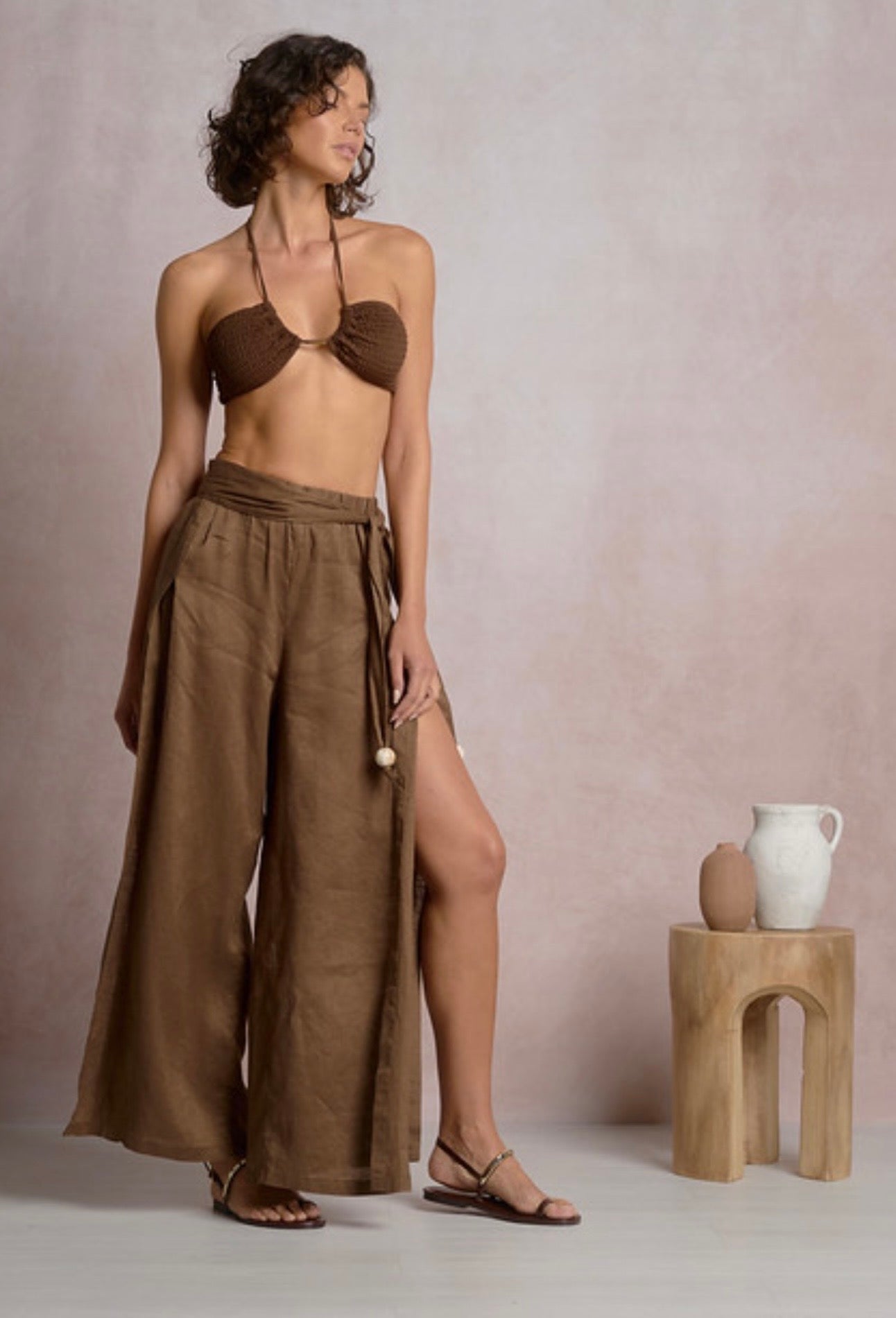 Brown Linen Pant with Beaded Belt