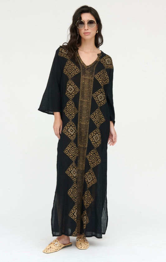 Black Linen Tunic with Aztec Print