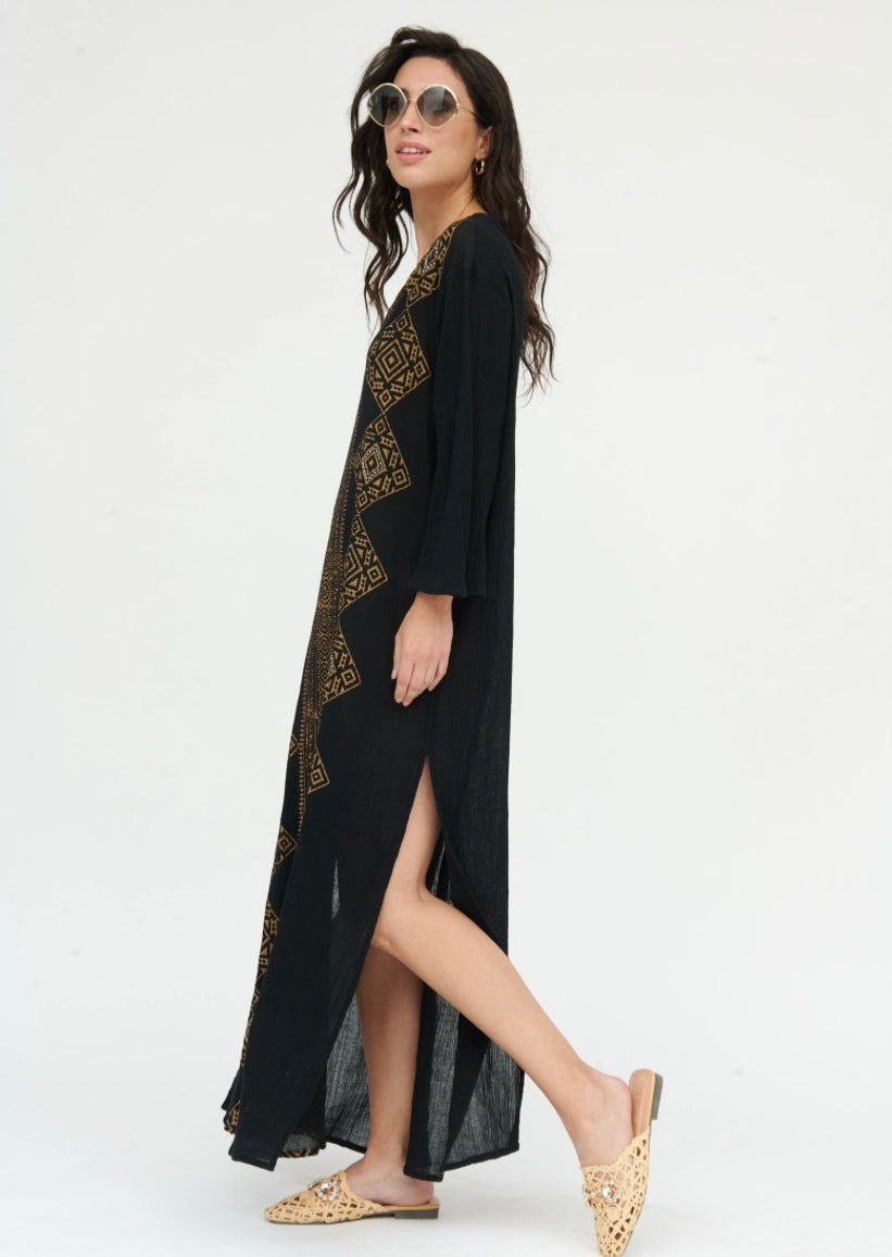 Black Linen Tunic with Aztec Print