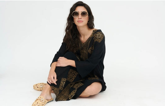 Black Linen Tunic with Aztec Print