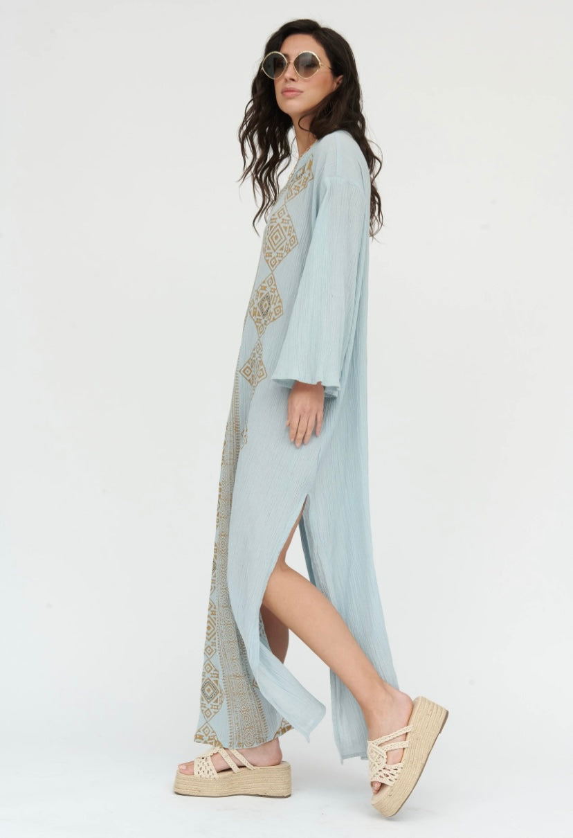 Blue Linen Tunic with Aztec Print