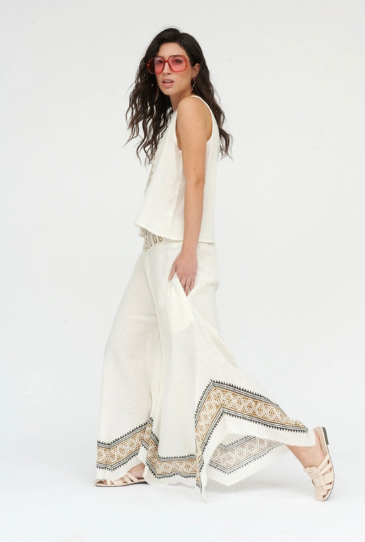 White Wide Leg Pants with Abstract Design