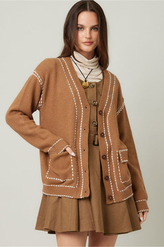 Tan with Contrast Stitching Cardigan