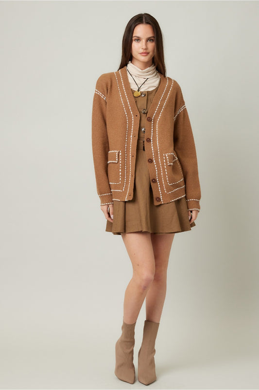 Tan with Contrast Stitching Cardigan