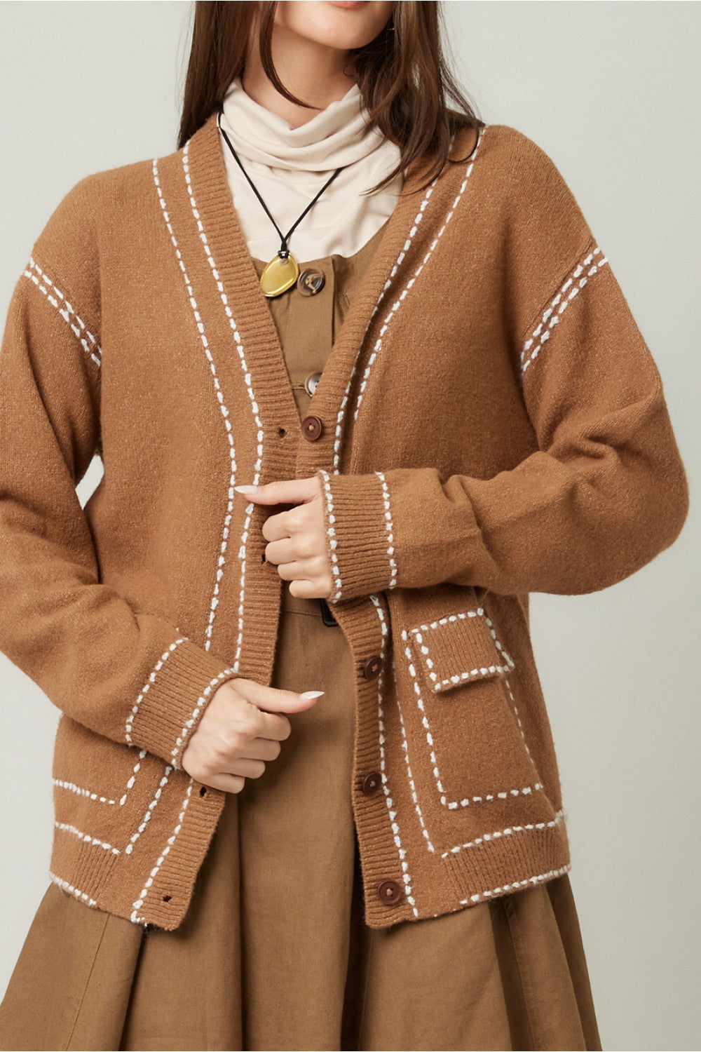 Tan with Contrast Stitching Cardigan