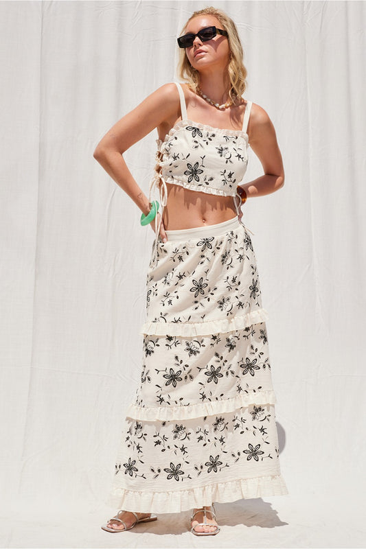 Off White with Black Embroidery Skirt Set