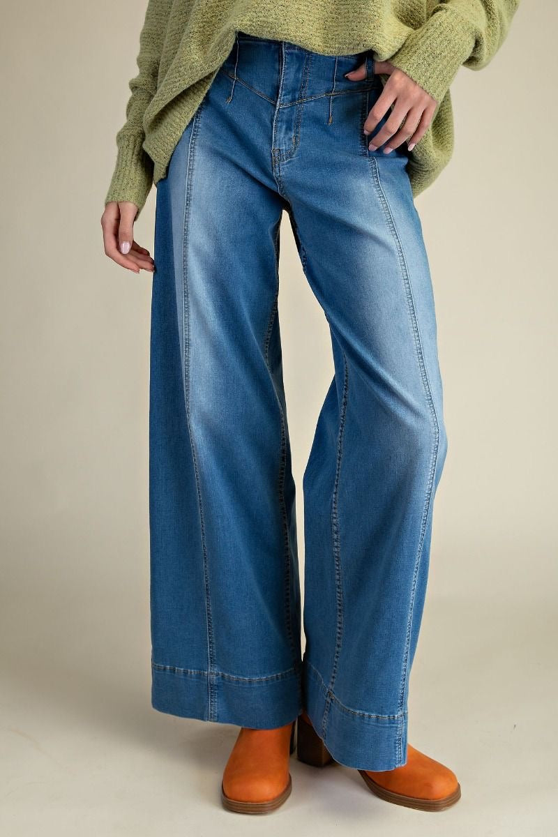 Washed Stretch Wide Leg Jeans