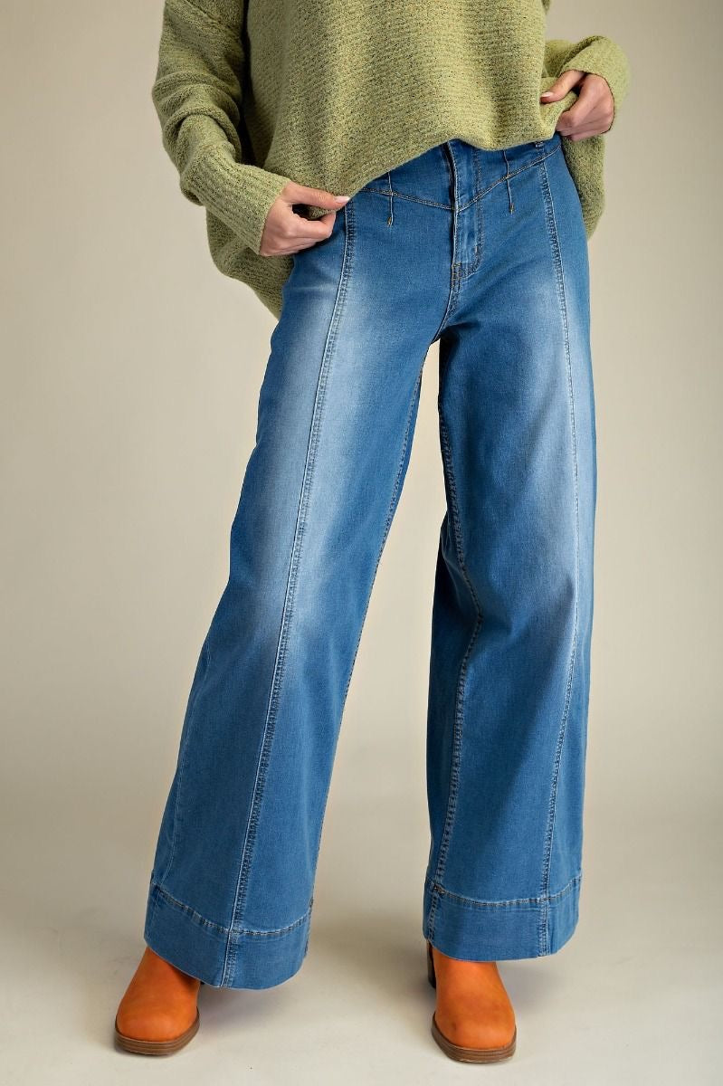 Washed Stretch Wide Leg Jeans