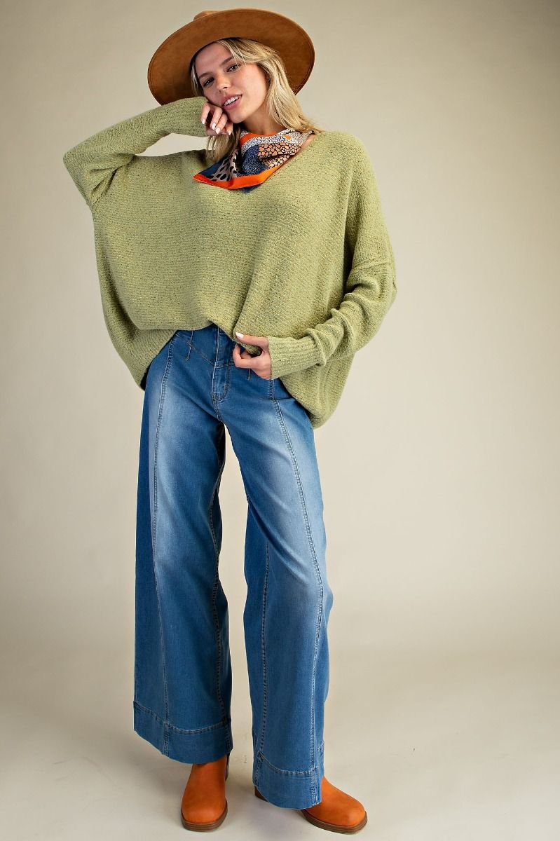 Washed Stretch Wide Leg Jeans