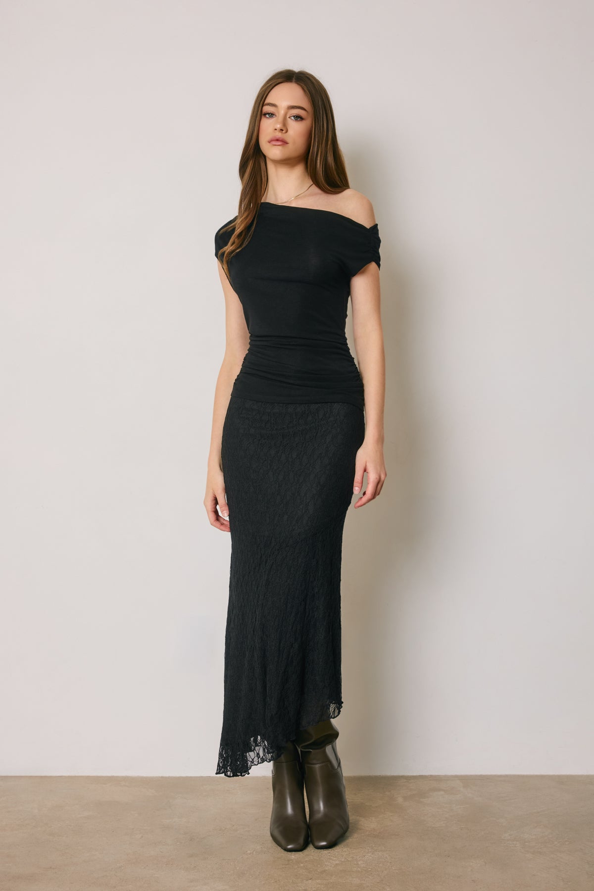 Black Lace Assymetrical Midi Skirt