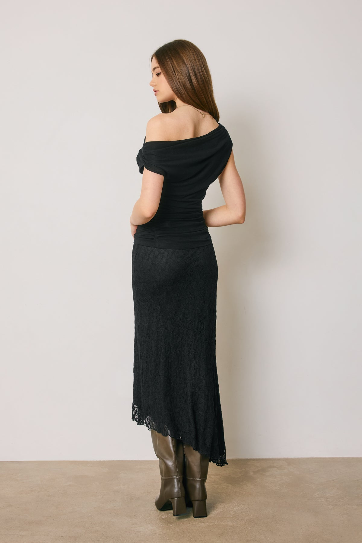 Black Lace Assymetrical Midi Skirt