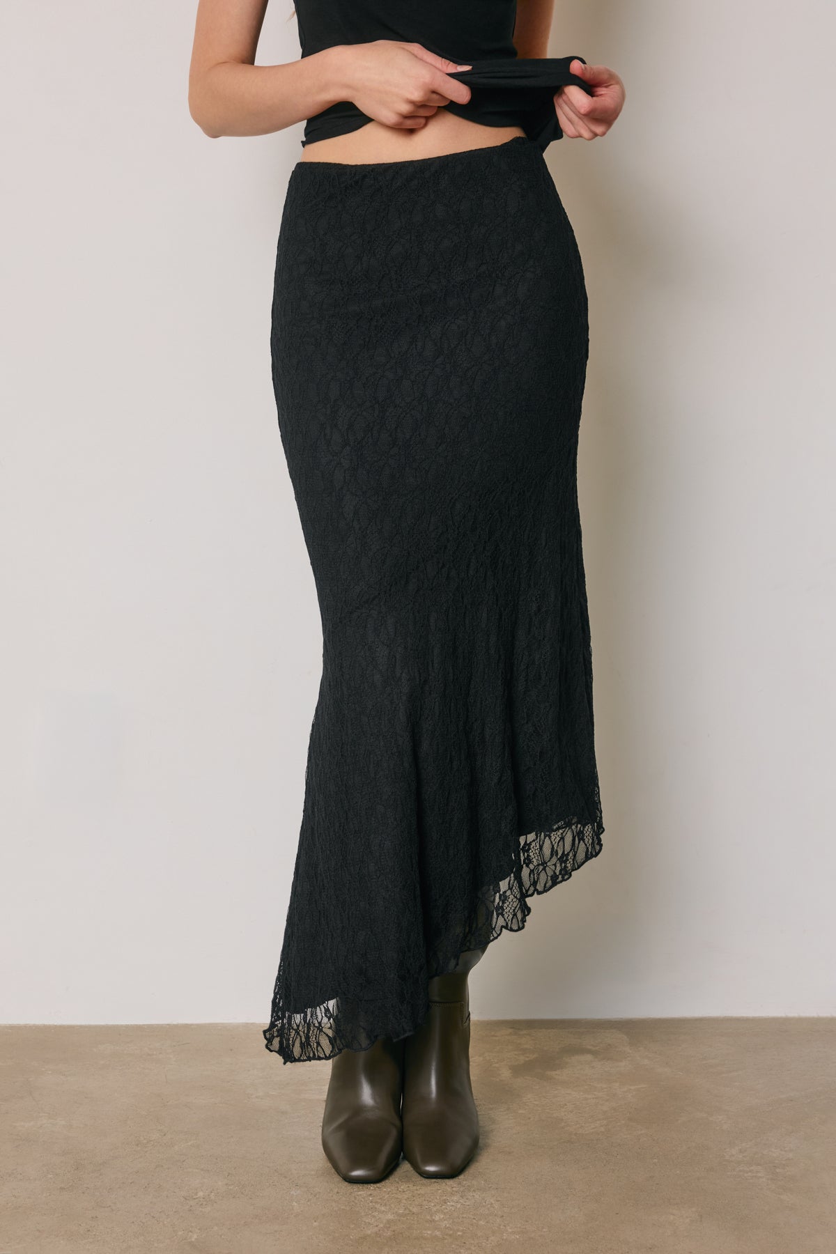 Black Lace Assymetrical Midi Skirt