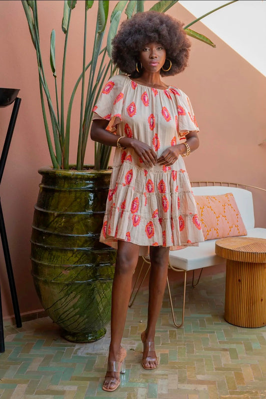 Beige & Pink Off Shoulder Dress with Beading
