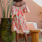 Beige & Pink Off Shoulder Dress with Beading