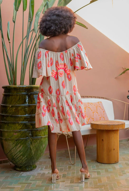 Beige & Pink Off Shoulder Dress with Beading