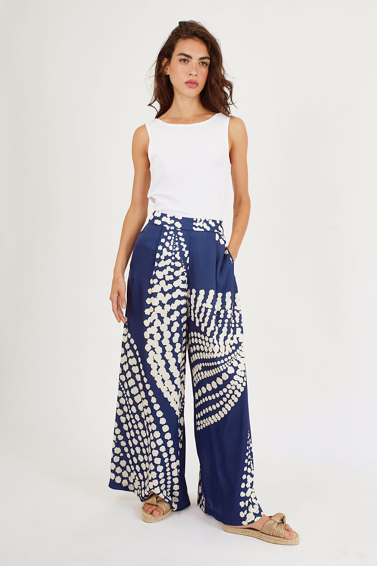 Blue Print Silky Wide Leg Pants