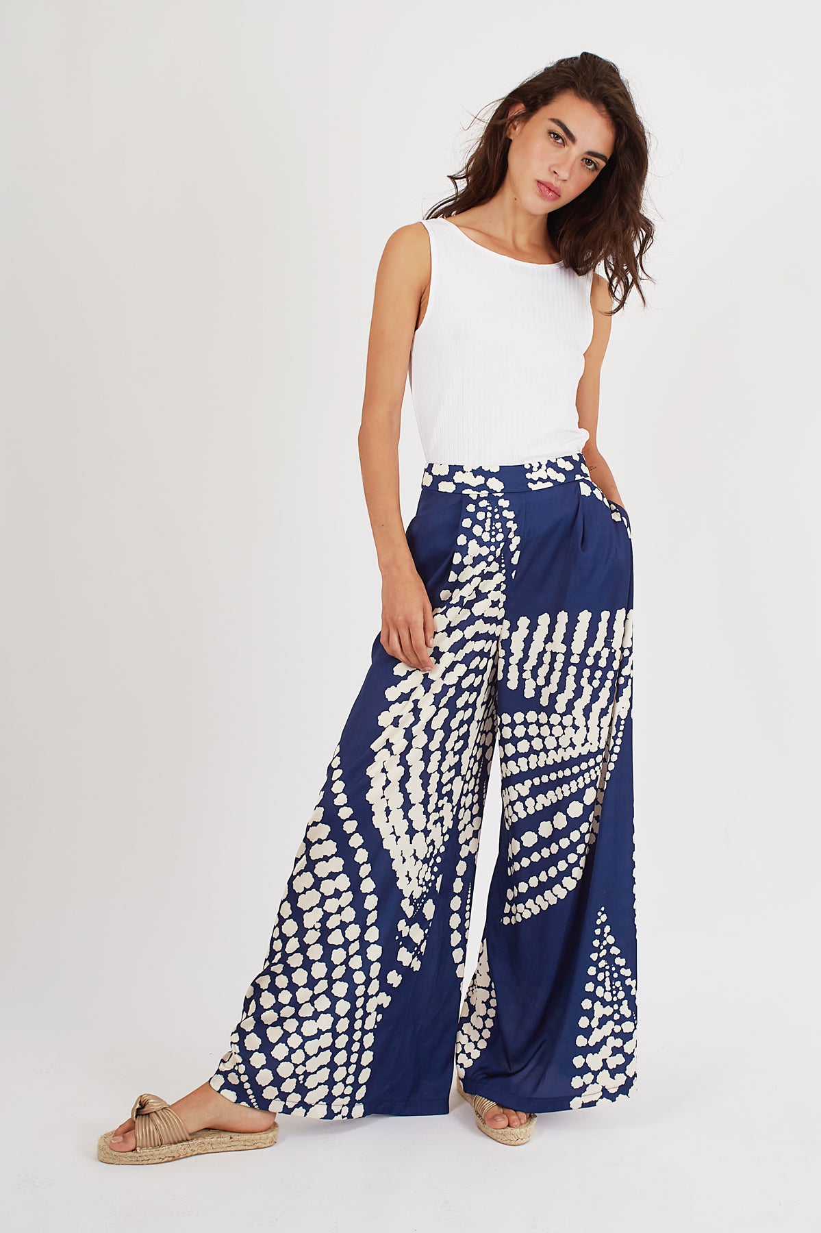 Blue Print Silky Wide Leg Pants