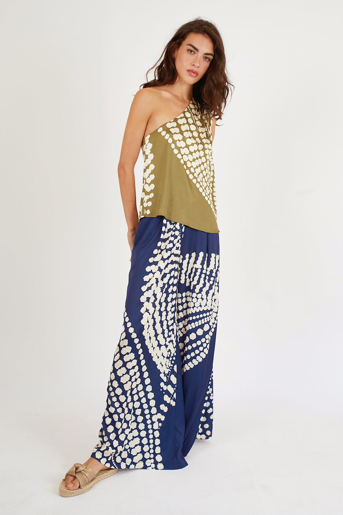 Blue Print Silky Wide Leg Pants