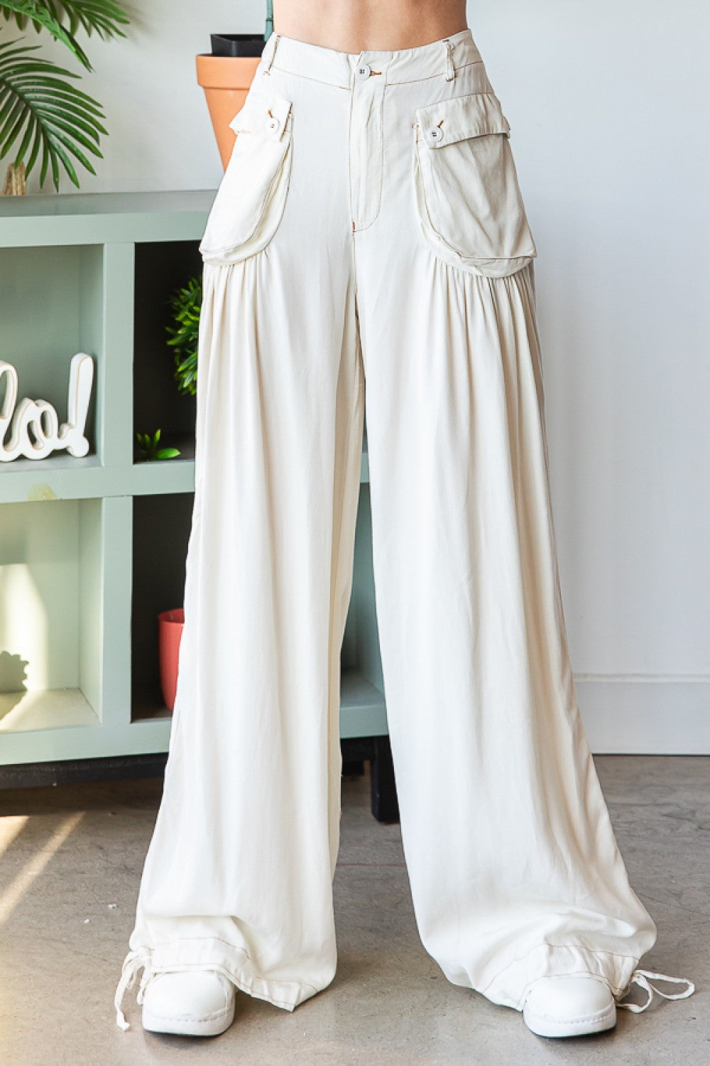 Cream Wide Leg Tencel Pants