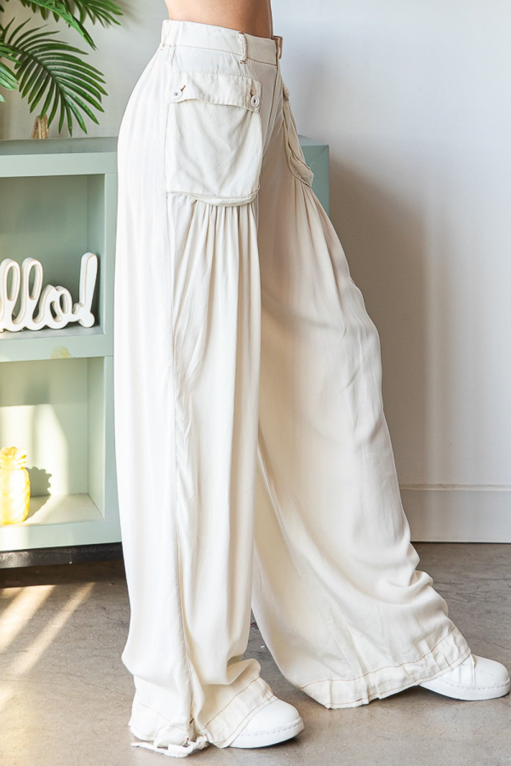 Cream Wide Leg Tencel Pants