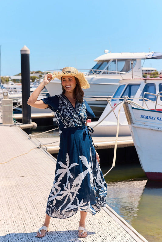 Navy Palm Wrap Dress