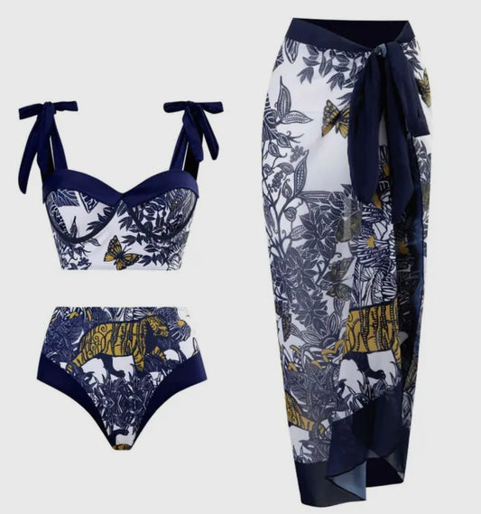 Blue Tiger Print Bikini Swim Set