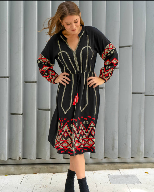 Black and Red Embroidered Dress