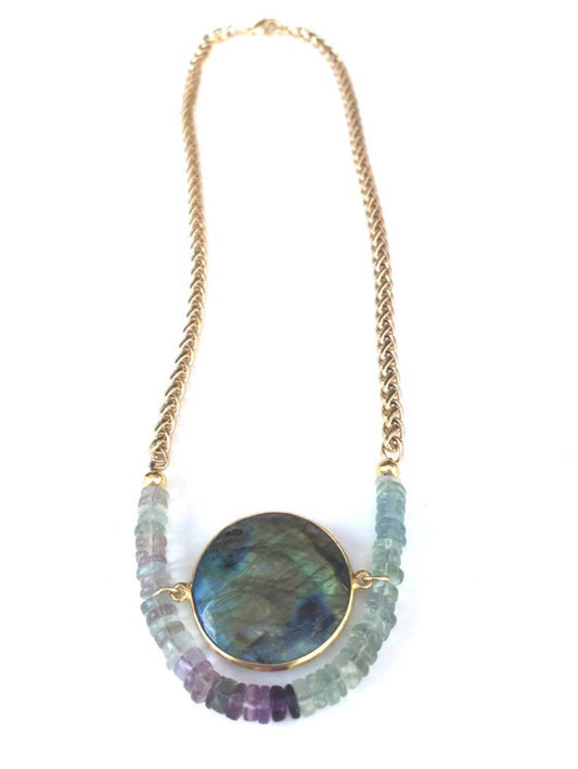 Necklace of Heishi Stones & Gold Plated Bezel on Gold Overlay Rope
