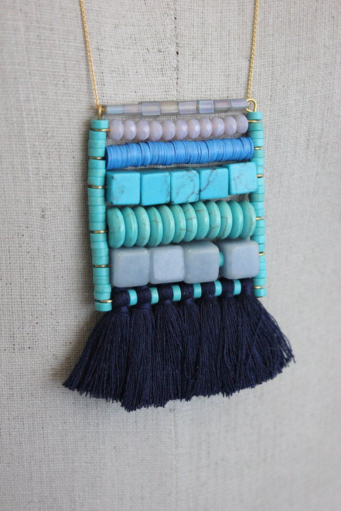 Turquoise and Navy Tassel Necklace